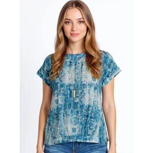 NWOT Johnny Was Santorini Blouse Silk Pete Greta Women Size M Blue Short Sleeve